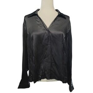 Kate Hill 100% Silk Top Button Up Black White Pinstripe Blouse Plus Size 16W